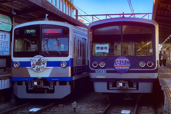 【伊豆箱】3000系3506F(HAPPY PARTY TRAIN)  一部方向幕故障による行先貼り紙対応を三島駅で撮影した写真
