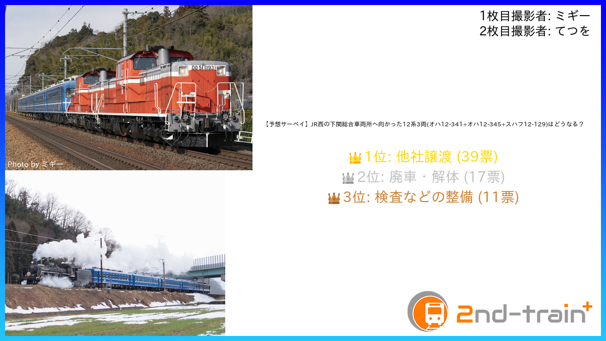 【予想サーベイ】JR西の下関総合車両所へ向かった12系3両(オハ12-341+オハ12-345+スハフ12-129)はどうなる？