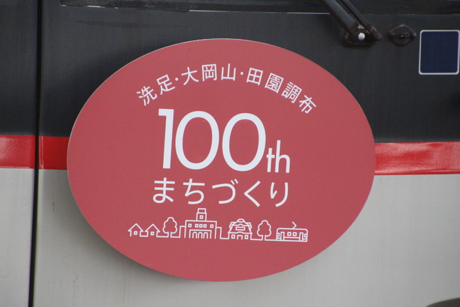 【東急】「洗足・大岡山・田園調布まちづくり100年」ラッピング電車を多摩川駅で撮影した写真