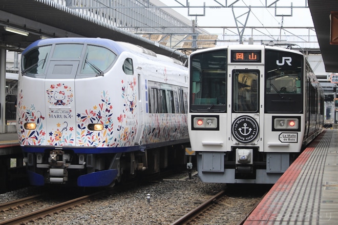 【JR西】「『ハローキティ』と一緒に『ハローキティ はるか号』で行く倉敷」団体列車運行を岡山駅で撮影した写真