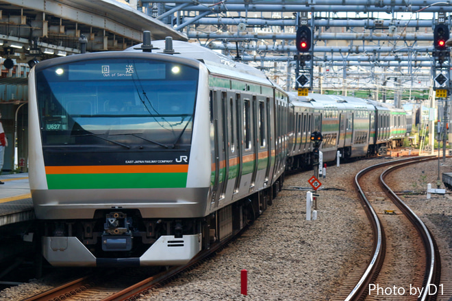 【JR東】E233系ヤマU627編成 東京総合車両センター出場を大崎駅で撮影した写真