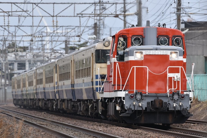 【JR東】五能線・男鹿線用キハ40形、キハ48形8両配給輸送を土崎〜秋田間で撮影した写真