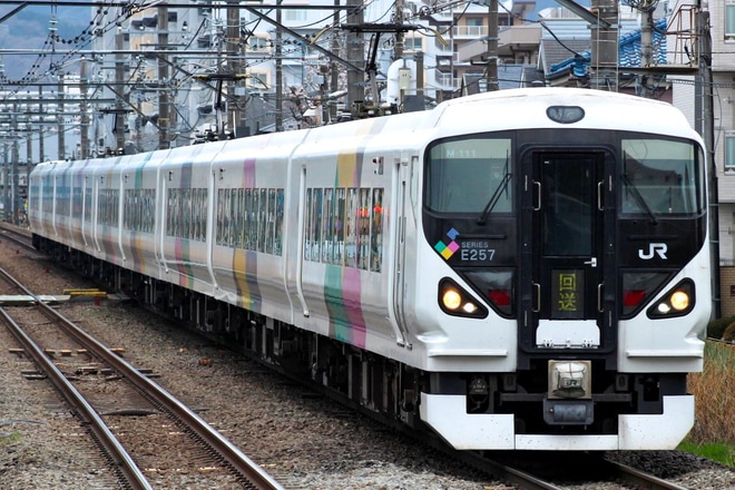 【JR東】E257系M-111編成が長野総合車両センター出場回送を西八王子駅で撮影した写真