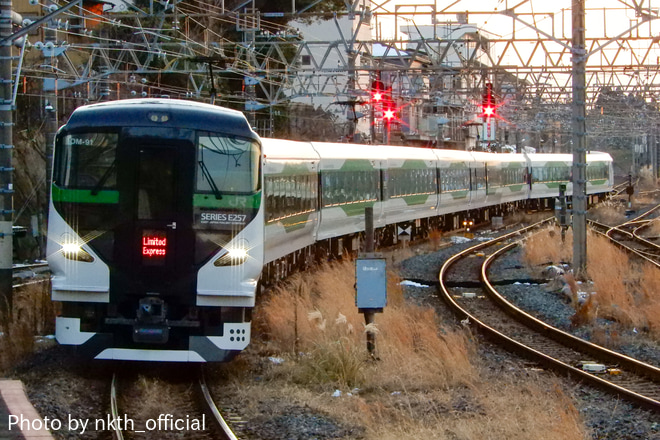 【JR東】E257系OM-91使用の臨時快速「成田山初詣青梅号」運転を成田駅で撮影した写真