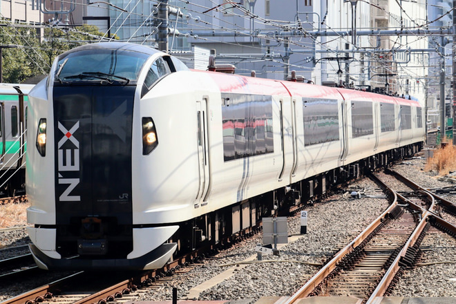 【JR東】E259系Ne001編成大宮総合車両センター入場回送を新宿駅で撮影した写真