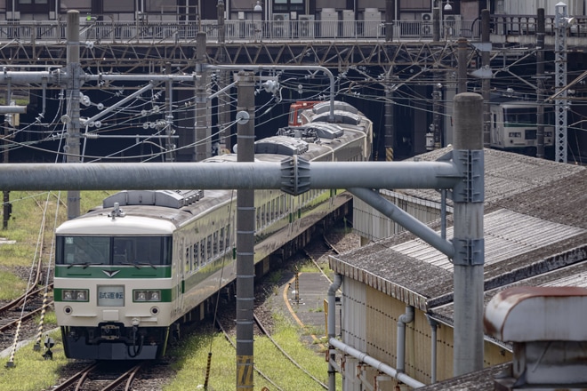 【JR東】「新幹線リレー号」運転当時の塗装となった185系C1編成が大宮総合車両センター構内試運転