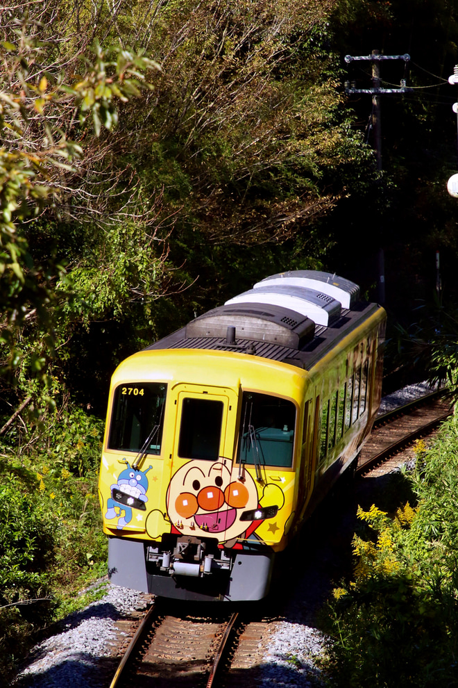 【JR四】きいろいアンパンマン列車2704号車が多度津工場での検査を終えて出場を讃岐財田～黒川間で撮影した写真