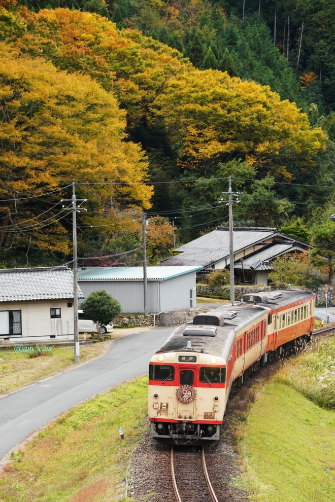 【JR西】因美線全線開業90周年ヘッドマーク掲出した「みまさかスローライフ列車」を臨時運行を不明で撮影した写真