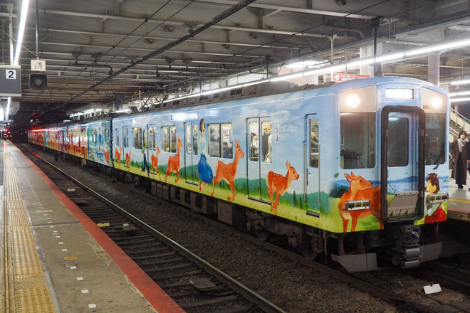 【近鉄】終夜運転にラッピング列車「ならしかトレイン」を臨時運行を大和西大寺駅で撮影した写真