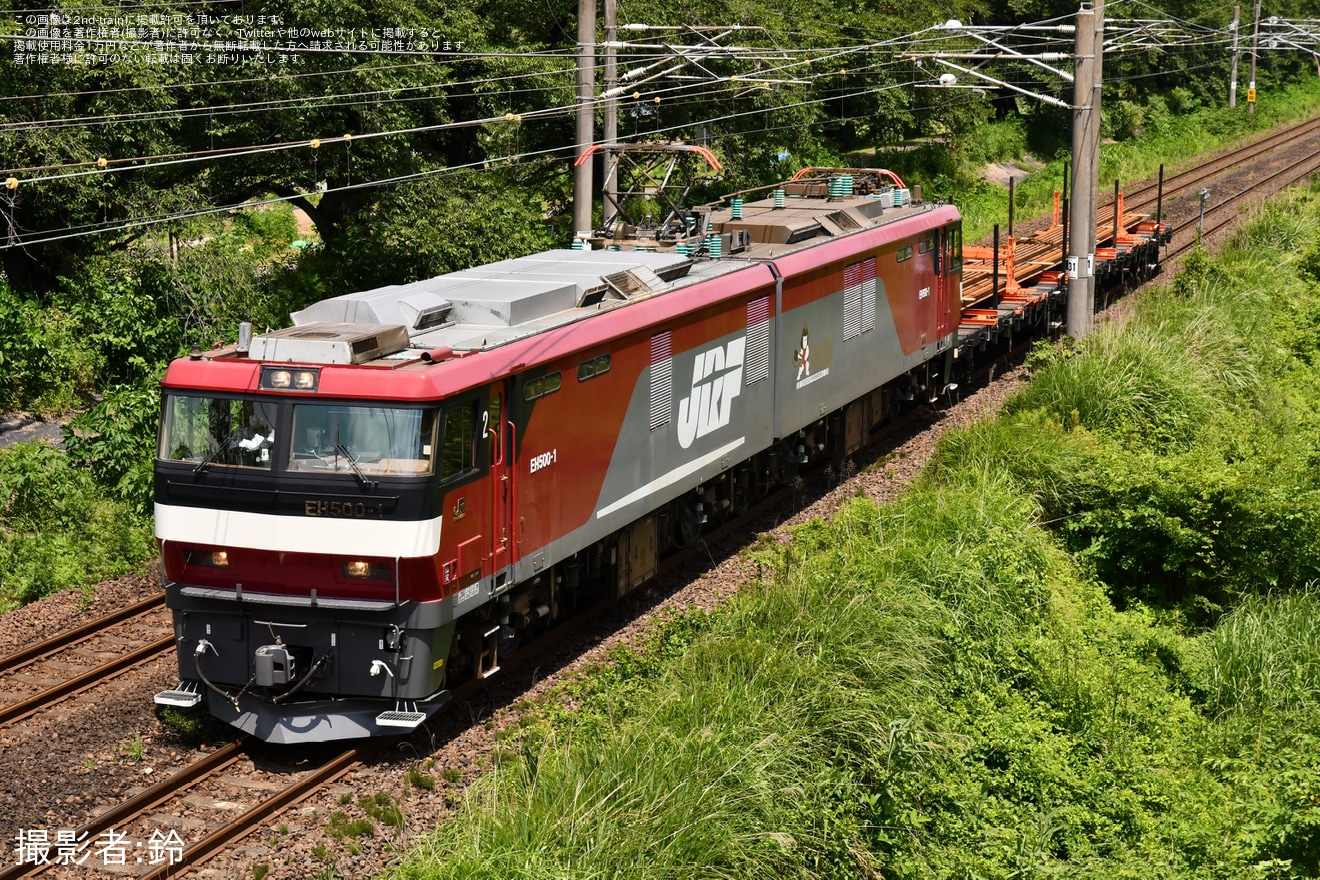 【JR貨】EH500-1牽引のチキ6000形2車連結のレール輸送列車に充当の拡大写真