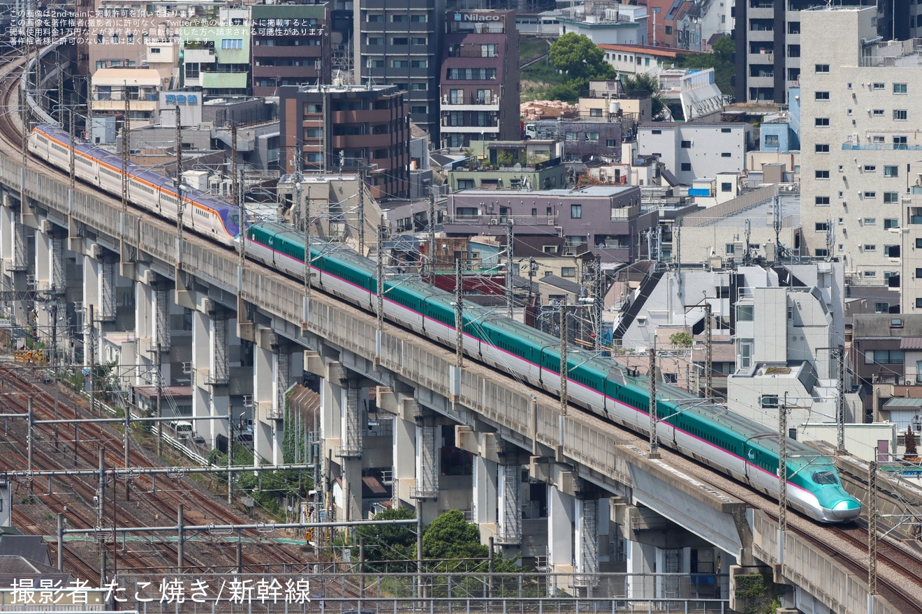 【JR東】E8系G1編成+E5系U46編成が東京新幹線車両センターへの拡大写真