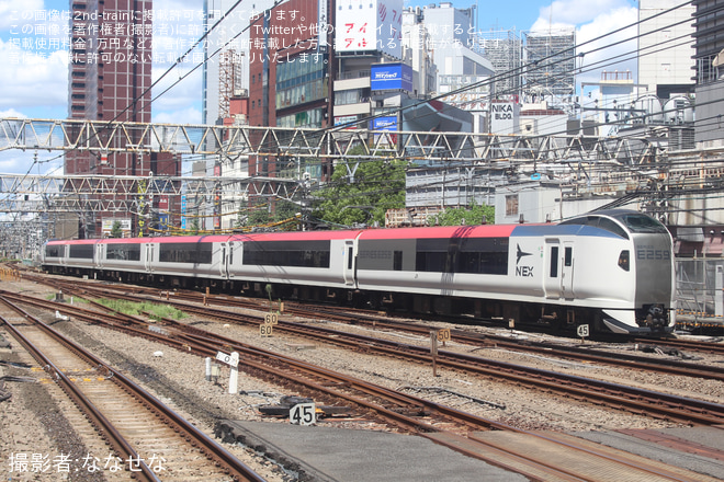 【JR東】E259系Ne009編成大宮総合車両センター出場回送(202308)を新宿駅で撮影した写真