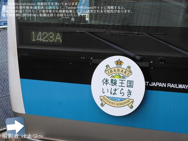 【JR東】E233系サイ111編成へ「体験王国いばらき」ヘッドマーク取り付けを不明で撮影した写真