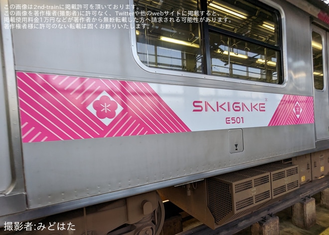 【JR東】E501系K754編成がイベント専用車両『E501 SAKIGAKE(さきがけ)』に改造中を勝田車両センターで撮影した写真