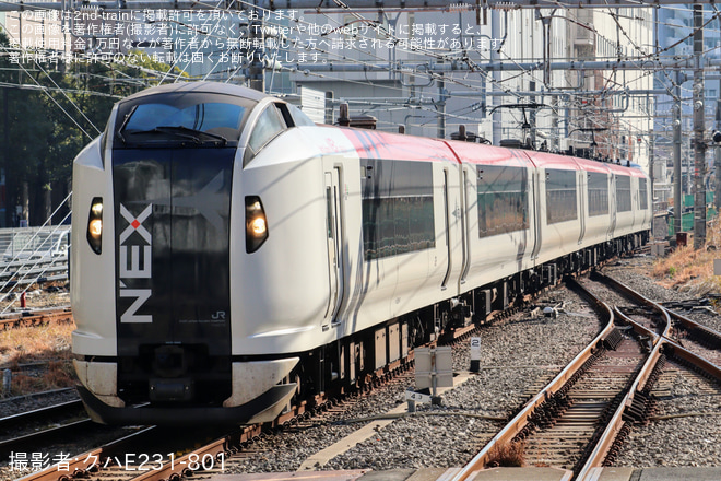 【JR東】E259系Ne018編成大宮総合車両センター入場回送を新宿駅で撮影した写真