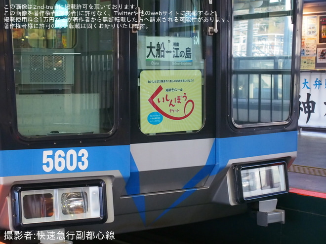 【湘モノ】5603編成に「くいしんぼうチケット」ヘッドマーク装着を大船駅で撮影した写真