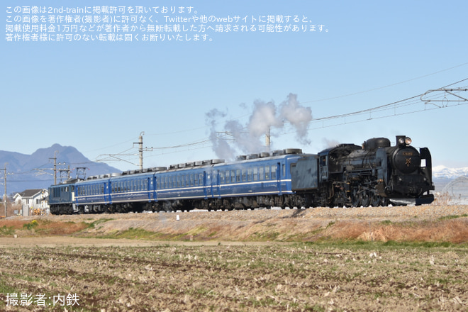 【JR東】C61-20+12系4両+EF64-1053の編成による両毛線試運転を駒形～伊勢崎間で撮影した写真