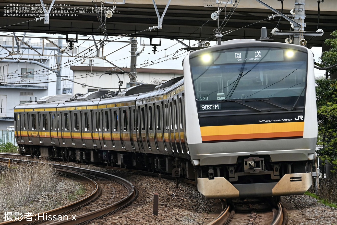 【JR東】E233系N28編成国府津車両センターでの車輪転削のため東海道旅客線経由で回送の拡大写真