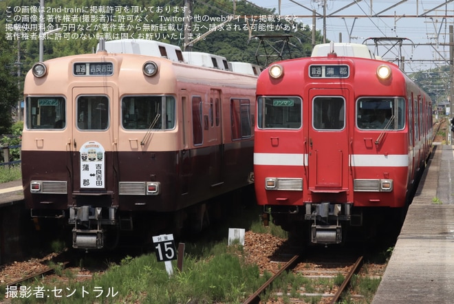 【名鉄】6000系6010Fへ「蒲郡線復刻塗装車両」イラスト行先系統板が掲出を不明で撮影した写真