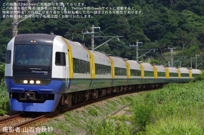 【JR東】255系使用の特急「新宿さざなみ」 運行を浜金谷～保田間で撮影した写真