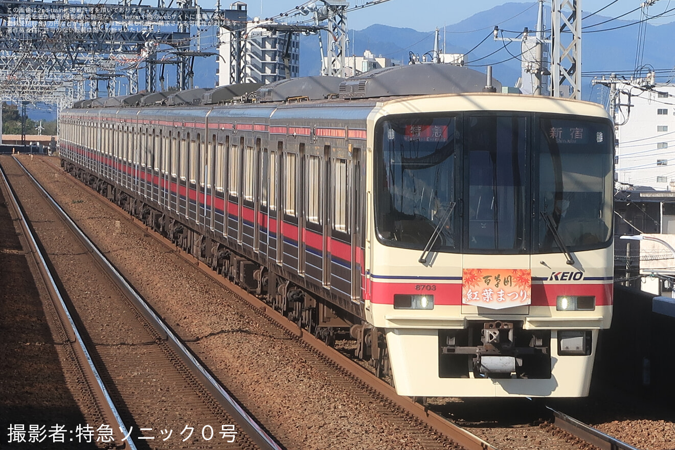 【京王】8000系8703Fに「百草園紅葉まつり」ヘッドマーク掲出の拡大写真