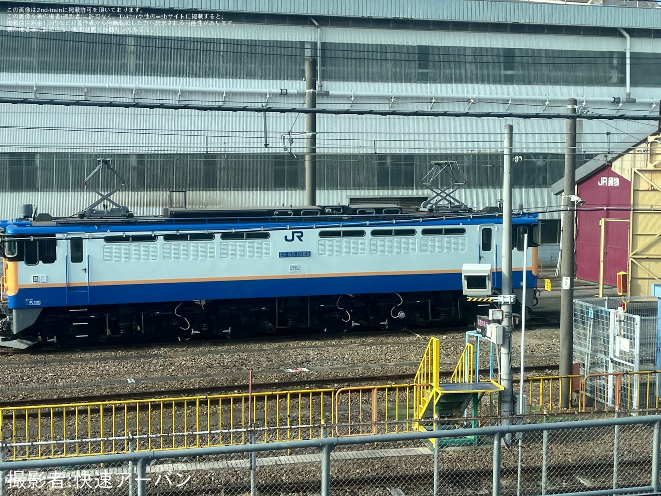 【JR貨】EF65-1059とEF65-1065のナンバープレートが取り付けられた復刻塗装の車両が外への拡大写真