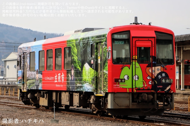 【JR西】芸備線ラッピング列車「庄原さとやまトレイン」貸切運行を不明で撮影した写真