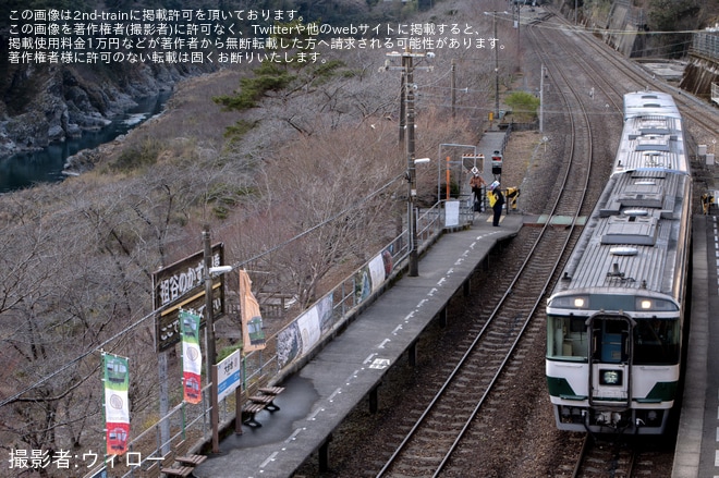 【JR四】藍よしのがわトロッコ+キハ185-18(国鉄色)を使用した貸切臨時列車を運行を不明で撮影した写真