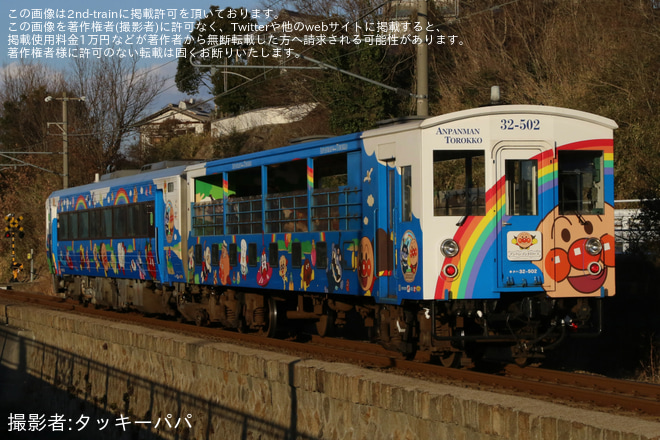 【JR四】アンパンマントロッコ特別貸切運行を海岸寺～詫間間で撮影した写真