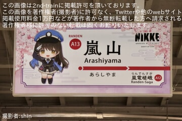 【京福】「勝利の女神:NIKKE」の駅名標が嵐電嵐山駅で取り付け