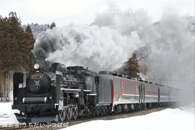 【JR東】C57-180＋12系 「SLばんえつ物語」号 試運転(202503)を不明で撮影した写真