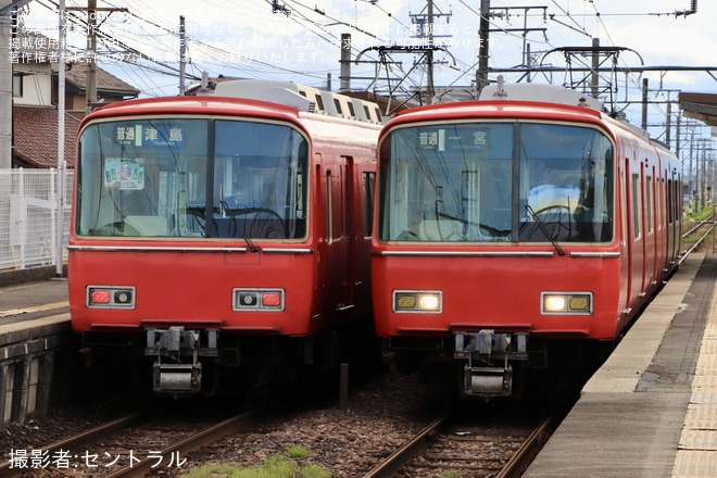 【名鉄】6800系6838Fへ「地酒で乾杯愛マルシェ」系統板が取り付けを不明で撮影した写真