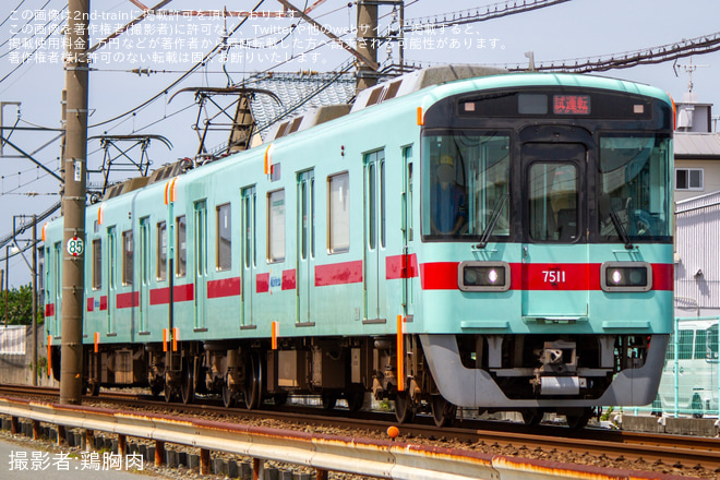 【西鉄】7000形7111Fが甘木線内にて試運転を実施を安武～大善寺間で撮影した写真
