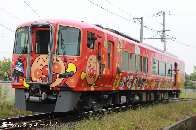 【JR四】2700系気動車2803号車「あかいアンパンマン列車」が多度津工場出場を多度津工場構外側線で撮影した写真