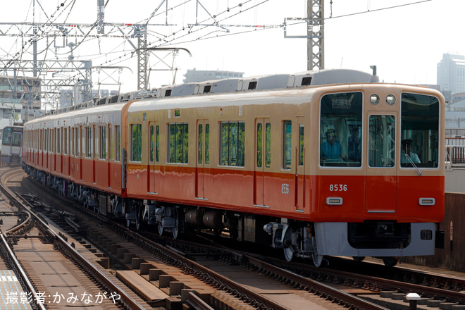 尼崎センタープール前駅で撮影された【阪神】8000系8235F(赤胴車に変更)尼崎工場出場試運転