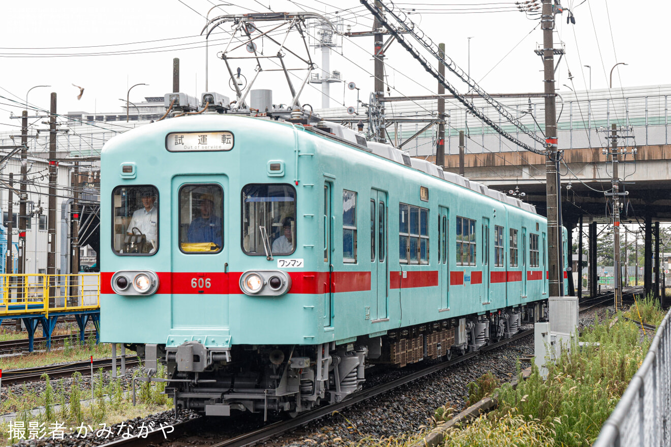 【西鉄】「アイスグリーン」復刻塗装となった600形606Fが検査を終え試運転の拡大写真