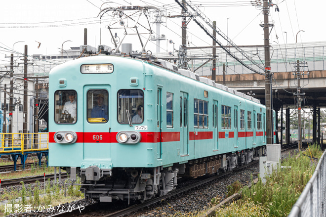 【西鉄】「アイスグリーン」復刻塗装となった600形606Fが検査を終え試運転を貝塚～名島間で撮影した写真