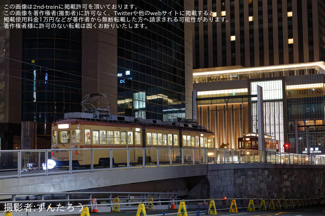 【広電】100形101号(大正電車)、700形714号、3100形3101号の駅前大橋線試運転実施を不明で撮影した写真