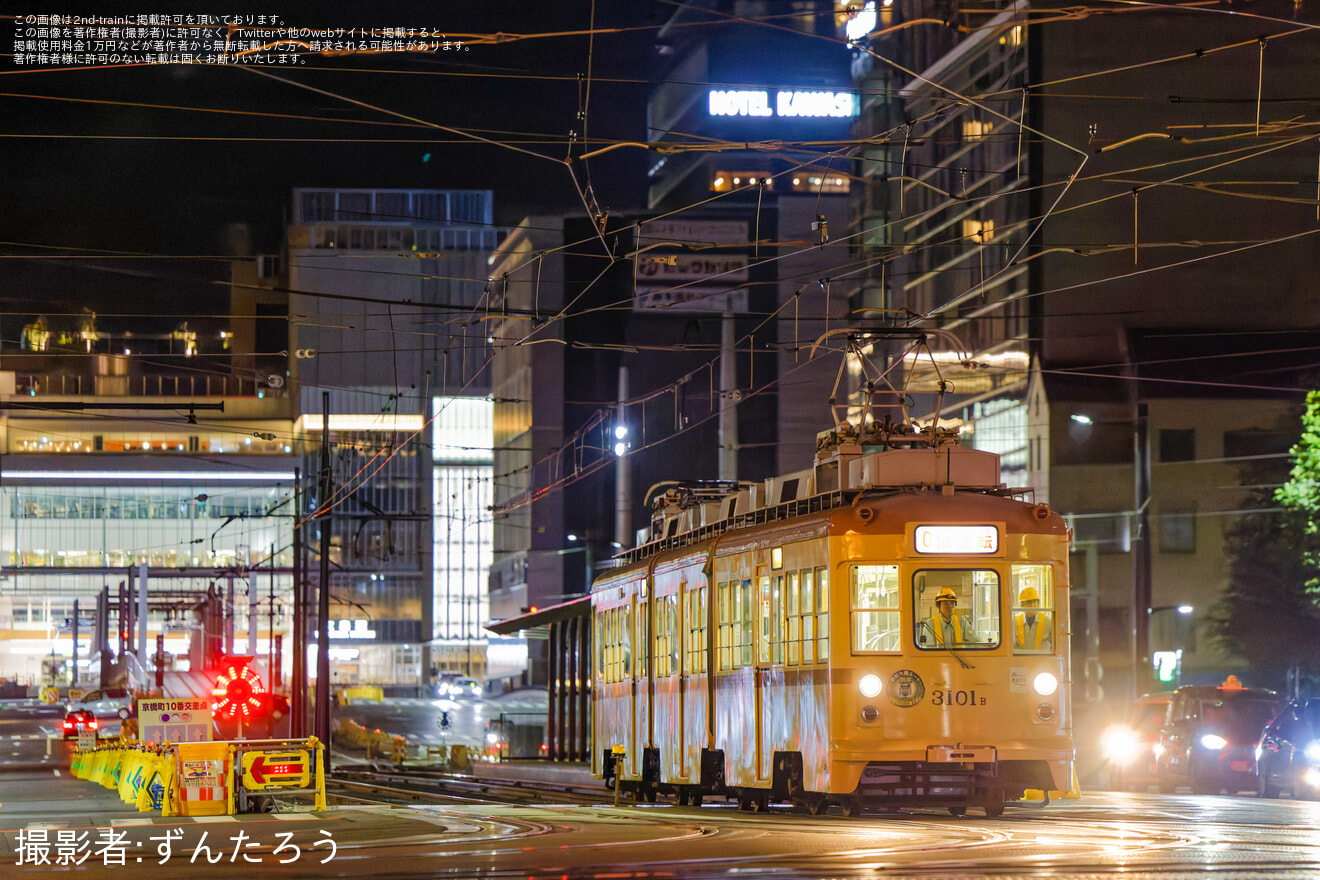 【広電】100形101号(大正電車)、700形714号、3100形3101号の駅前大橋線試運転実施の拡大写真