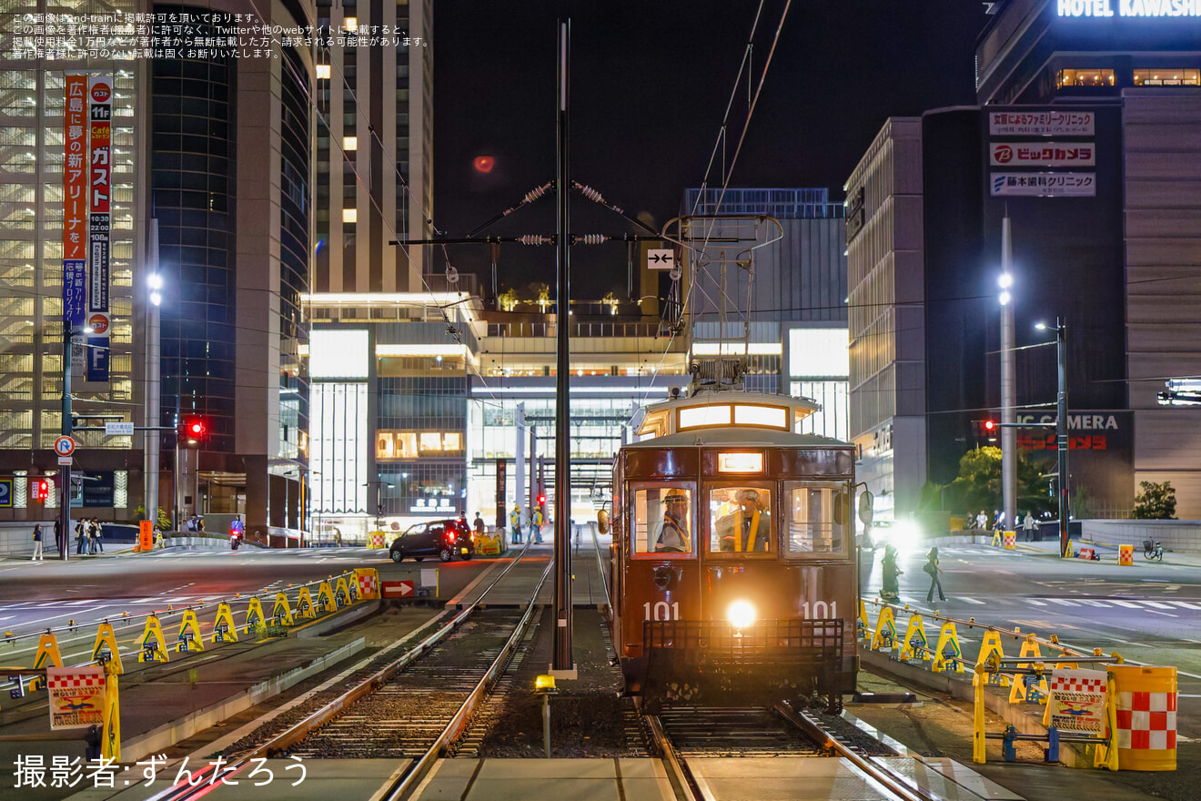 【広電】100形101号(大正電車)、700形714号、3100形3101号の駅前大橋線試運転実施の拡大写真