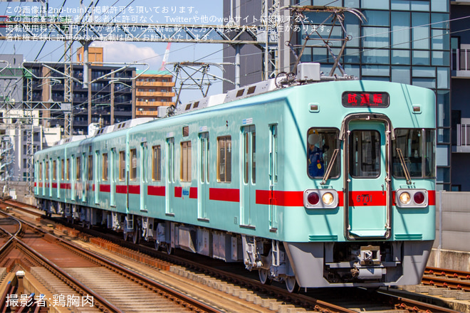 【西鉄】6000形6701F検査出場試運転を花畑駅で撮影した写真
