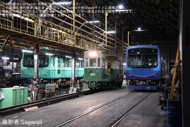 修学院車庫で撮影された【叡電】「電動貨車『デト1000形1001号』夜間撮影会」開催