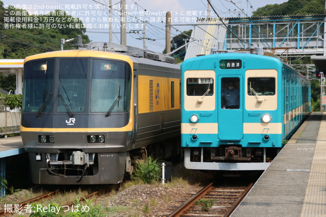 大入駅で撮影された【JR西】キヤ141系第2編成使用の筑肥線・唐津線検測にて103系リバイバルカラーとの遭遇も