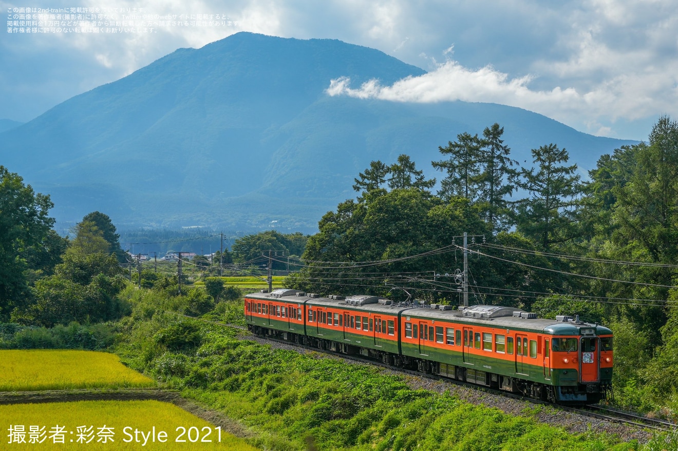 【しな鉄】115系 S3編成 湘南色で行く！軽井沢～妙高高原　往復全線走破の旅！「TIME THE TRIP ニューウエダ」の拡大写真