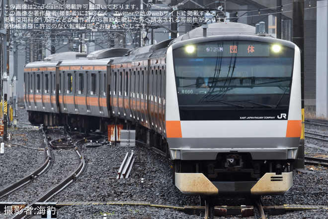 【JR東】E233系0番台トタ青666編成を使用した団体臨時列車「国分寺ひまわり号」運転を大宮駅で撮影した写真