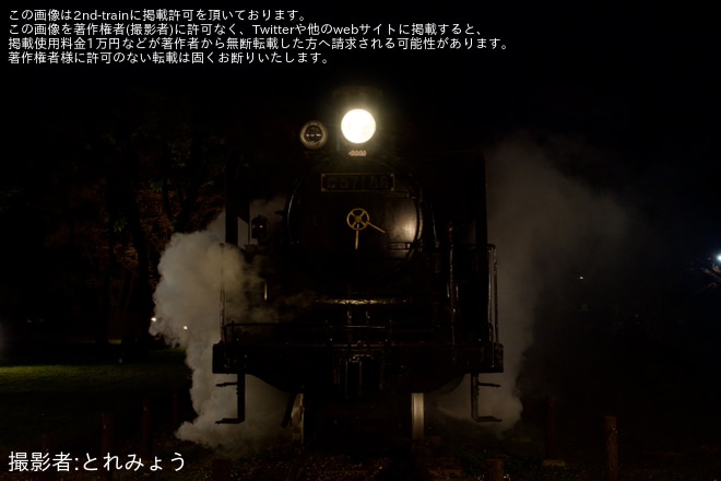 【小金井市】「秋のSLライトアップと客車公開」にてC57-186がライトアップを小金井公園SL展示場で撮影した写真