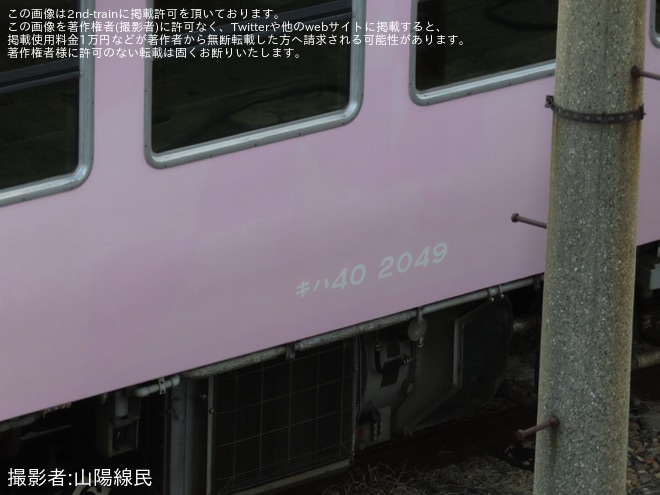 【JR西】キハ40-2049の「SAKU美SAKU楽」のラッピングが全て剥がされていることが確認