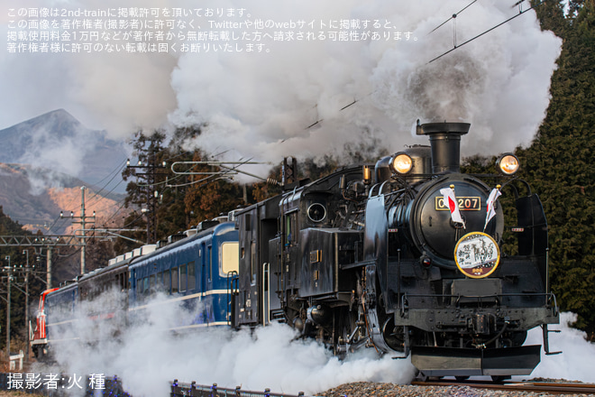 SL大樹6号/C11 207(謹賀新年HM・日章旗掲出)＋混色編成(青＋茶＋青)＋DE10 1099