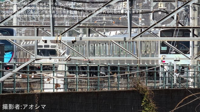 【西武】7000系7104F(元東急9000系9005F)武蔵丘車両検修場出場を不明で撮影した写真