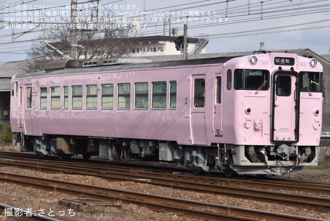 【JR西】キハ40-2049(SAKU美SAKU楽) がピンク色一色の姿で 試運転を不明で撮影した写真